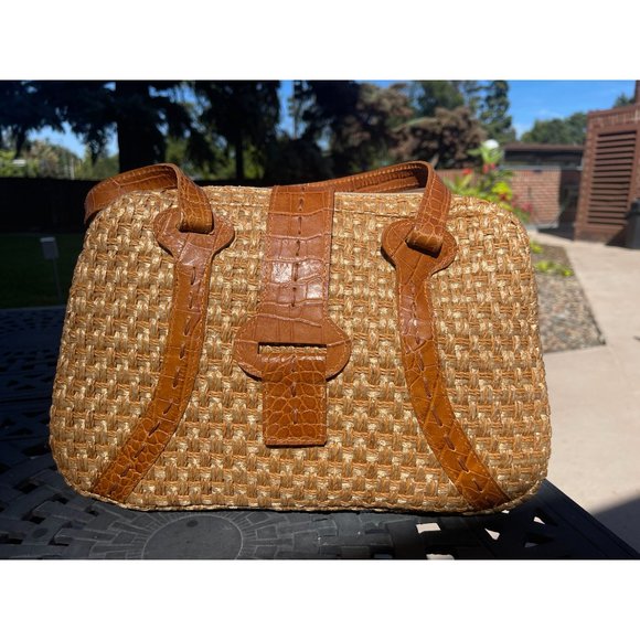 NWT Helen Kaminski Brown Leather Straps Brown Woven Handbag Zipper Top - Picture 1 of 5